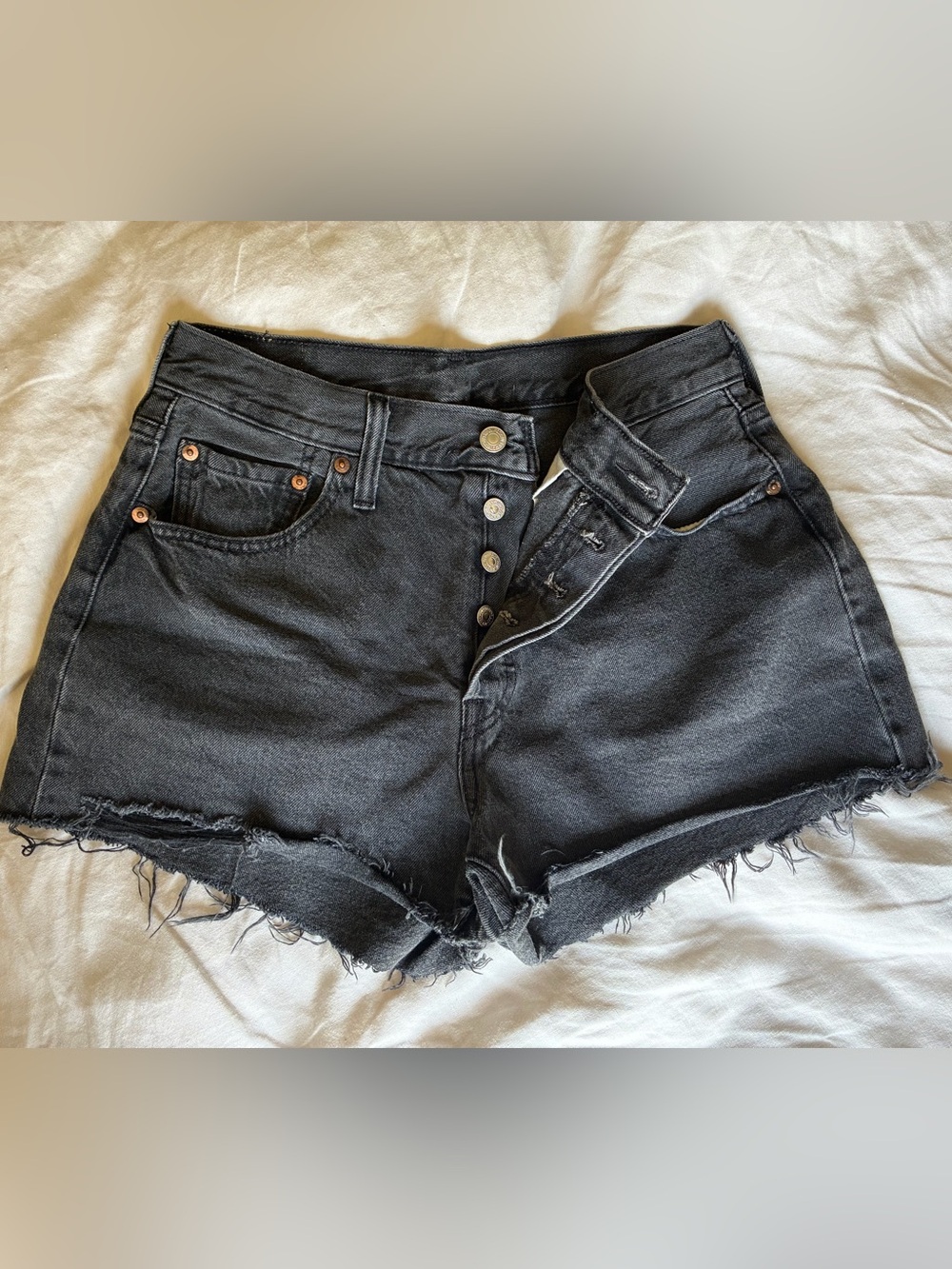 Levi's Black Frayed High-Rise Button-Fly Jean Shorts